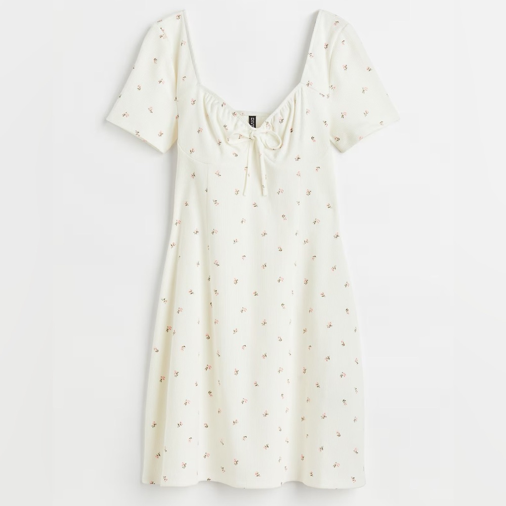 floral a-line tie-detail ribbed mini dress